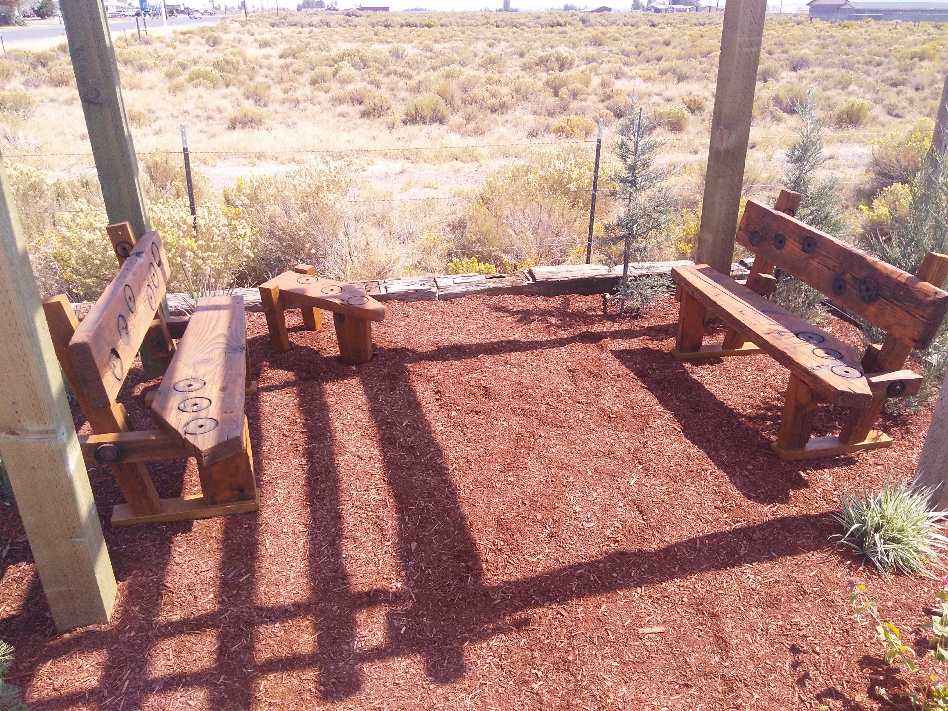 closer view of custom benches and table